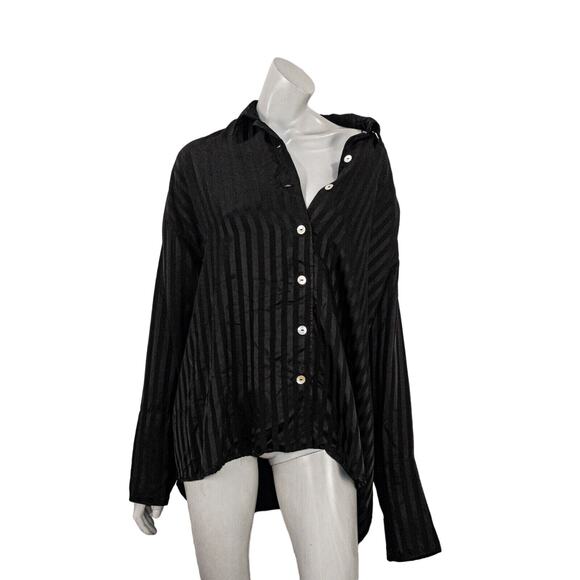SLEEPER brand Women's Pajama Top button up Black striped satin rayon sz 1 - Picture 6 of 9